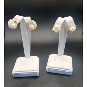 2 Pr Lot EARRINGS White enamel Flower Faus Pearl Silver & Gold Plated Clip-ons